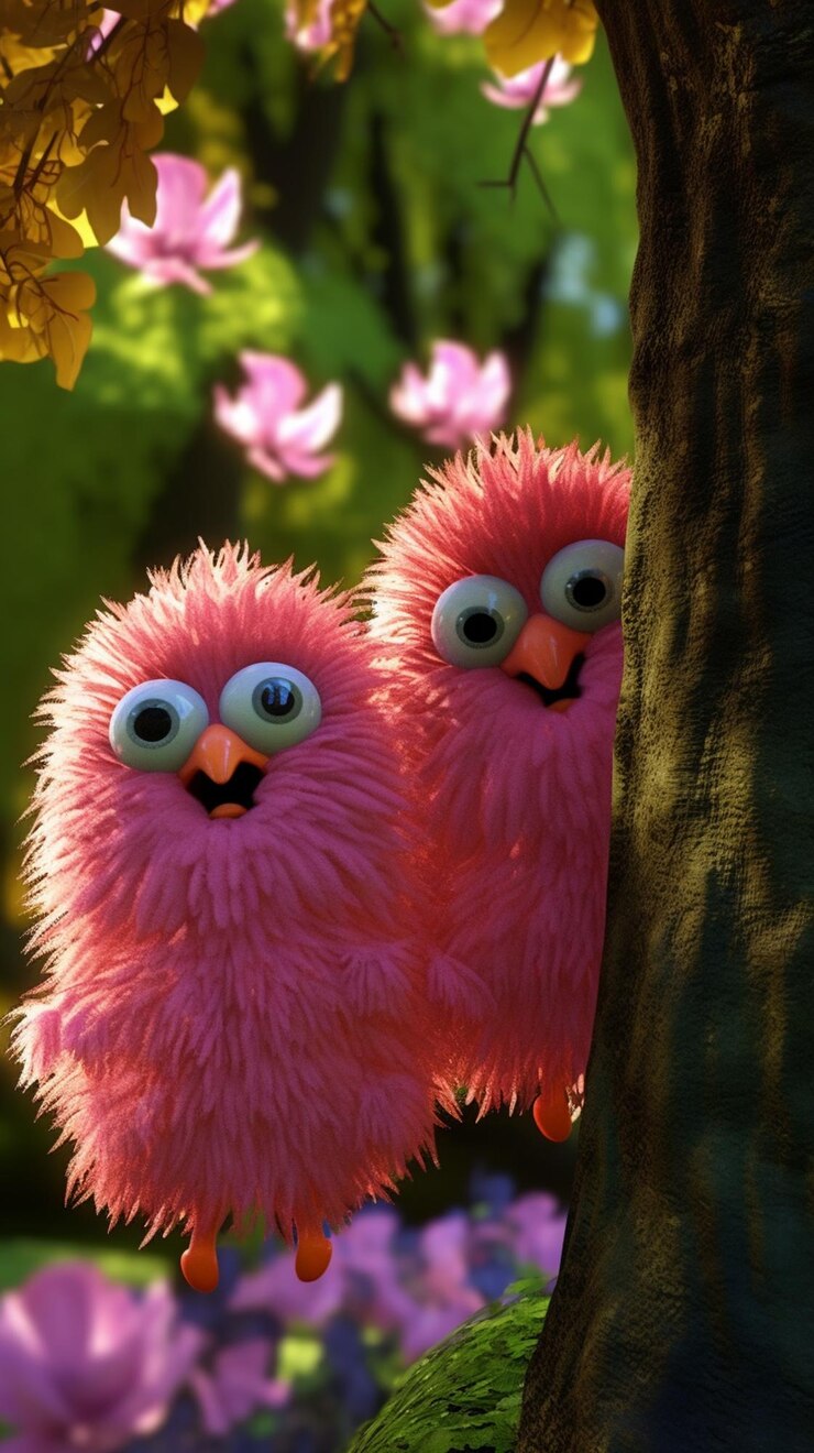 Photo a pink fuzzy creature with big eyes and a green nose is on a tree.