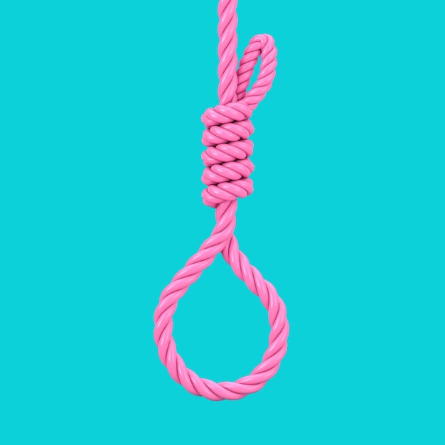 Pink Gallows Hanging Noose Rope Tied Knot in Duotone Style on a blue background. 3d Rendering