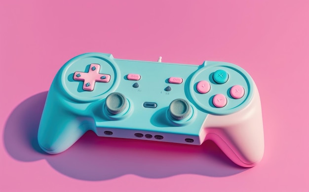 A pink game controller with a pink and blue cover.