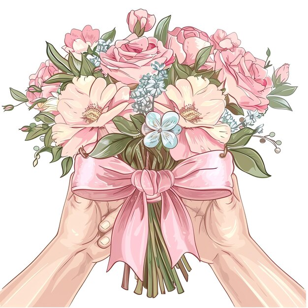Фото Розовые садовые акварельные руки, держащие свадебный букет цветов.