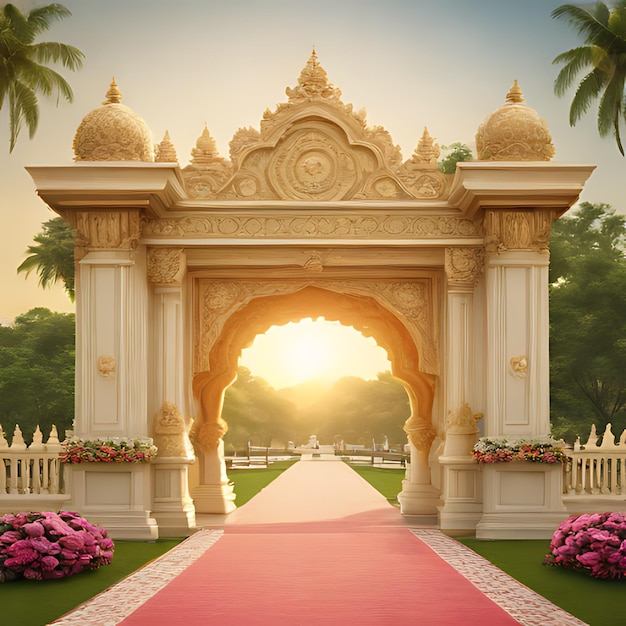 Photo a pink gate with a palm tree in the background