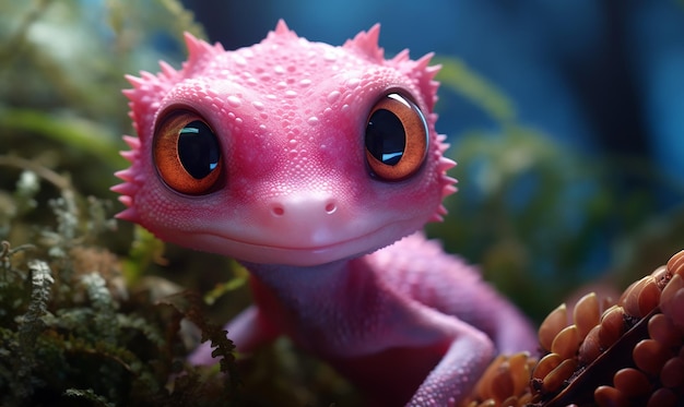 a pink gecko with orange eyes and a pink nose