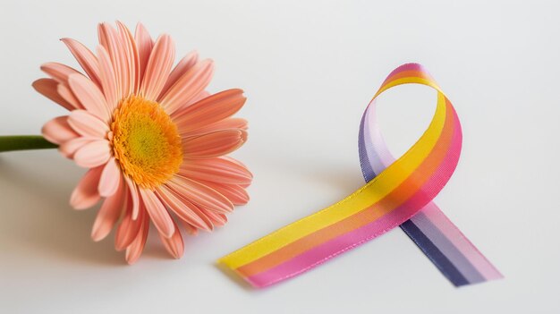 A pink gerbera daisy next to an awareness ribbon with gradient colors from yellow to purple