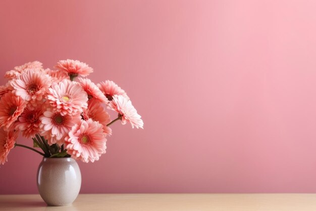 Pink gerbera flowers in vase on wooden table and pink background