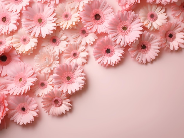 Pink gerberas on pink background Copy space top view flat lay