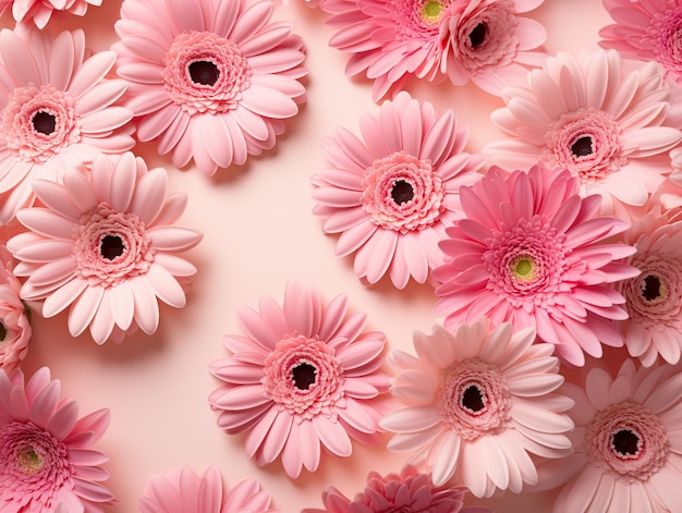 Pink gerberas on pink background Copy space top view flat lay
