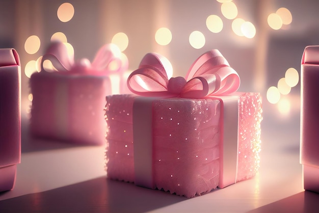 Pink Gif Boxes with Bow on Bokeh Background Generative AI