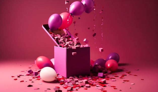 흰색 배경에 분홍색 선물 상자 색종이 조각과 풍선