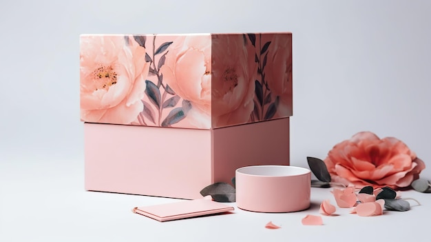 Pink Gift box and flowers Mothers day Generative AI