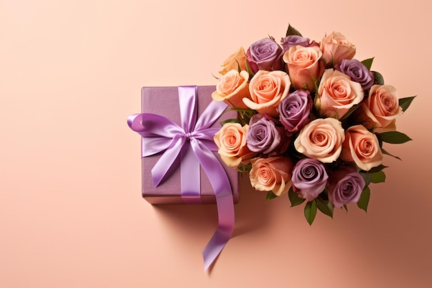 Pink gift box and roses on beige background Mothers Day Greeting card Generative AI