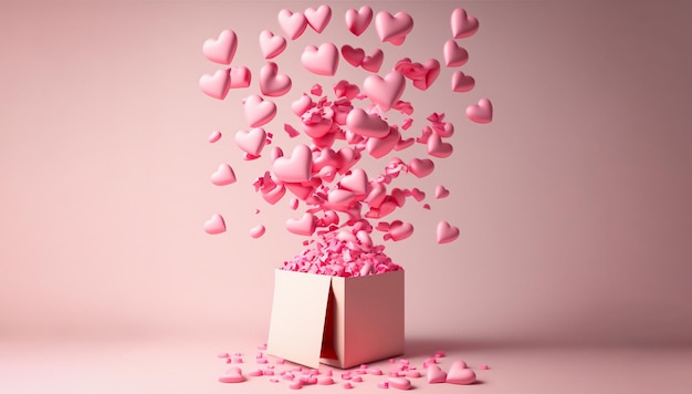 Розовая подарочная коробка с воздушными сердечками Абстрактный пастельный фон Генеративный AI