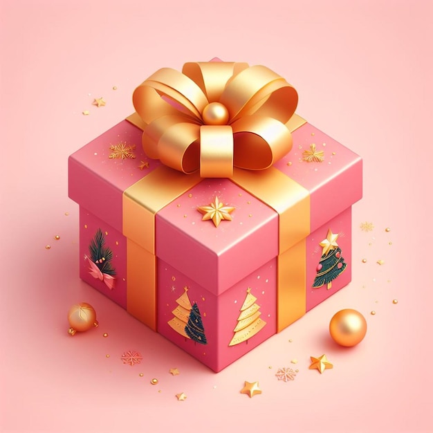 a pink gift box with a festive concept with a gold ribbon