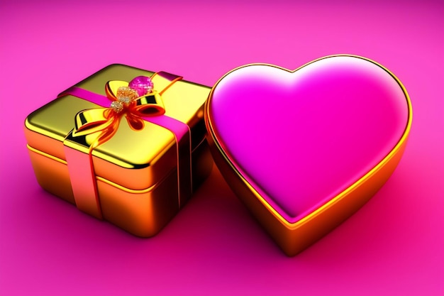 pink gift box with gold ribbon and heart valentine love concept on pink background