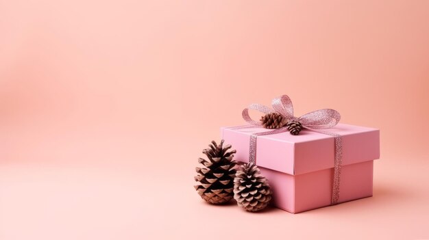 Pink gift box with pinecones Illustration AI GenerativexA