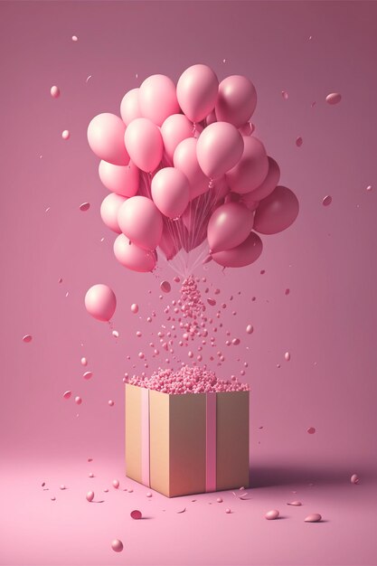 A pink gift box with pink balloons and a pink box with the words " pink " on it.