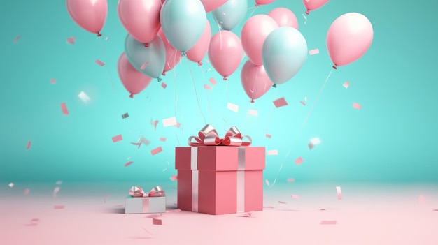 Pink gift box with pink bow balloons and present on a pink and turquoise background