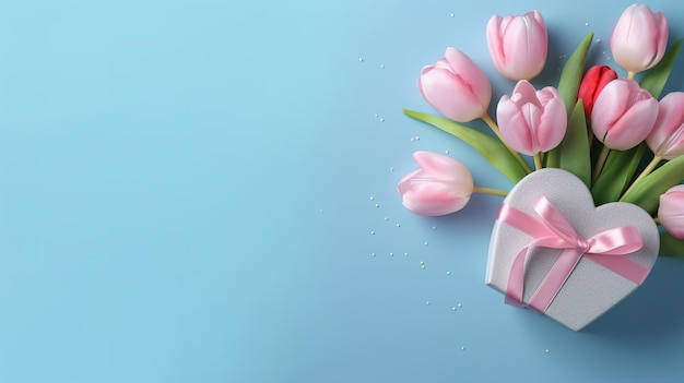 ピンクのボウと青い背景の花が付いたピンクのギフトボックス
