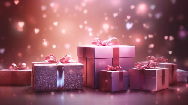 분홍색 리본과 검은색 배경의 분홍색 선물 상자