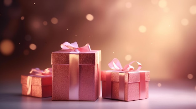 분홍색 리본과 검은색 배경의 분홍색 선물 상자