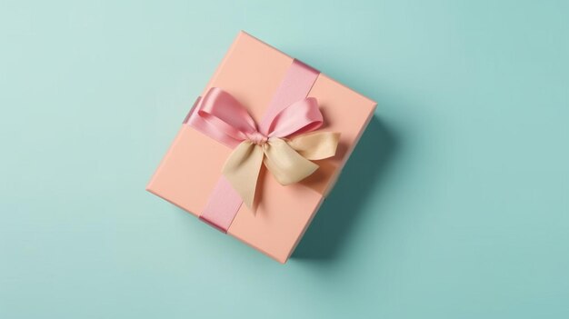 A pink gift box with a pink ribbon and a pink bow on a blue background.