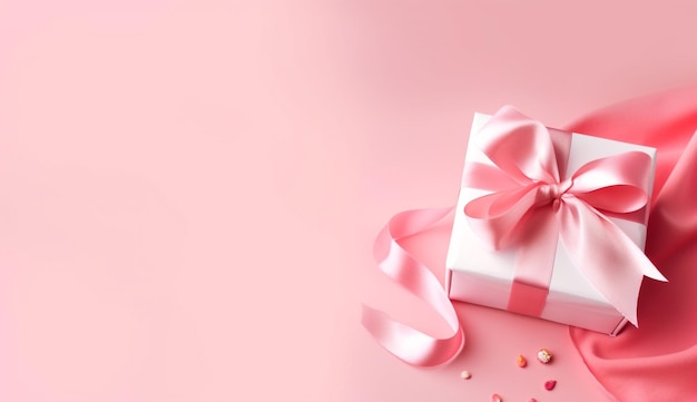 A pink gift box with a pink ribbon and sprinkles on a pink background.