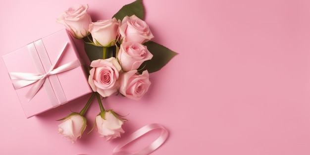 A pink gift box with pink roses on it