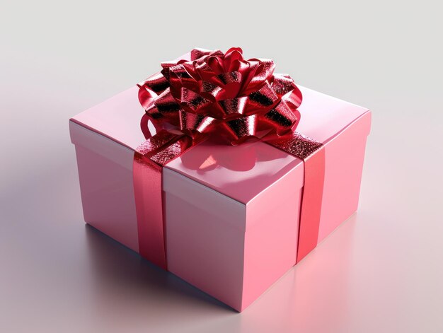 Розовая подарочная коробка с красным бантом.