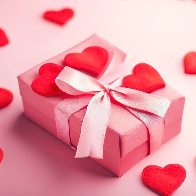 розовая подарочная коробка с красными сердечками на розовом фоне