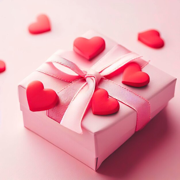 розовая подарочная коробка с красными сердечками на розовом фоне