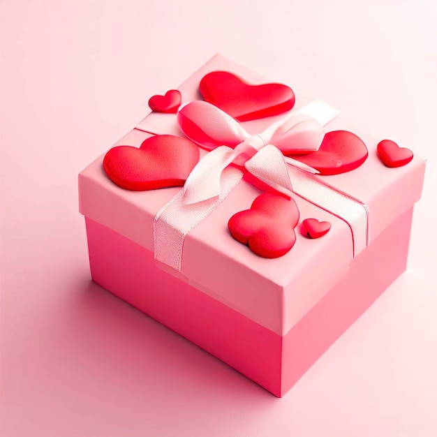 pink gift box with red hearts on a pink background