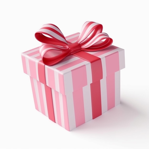 A pink gift box with a red ribbon bow on it.