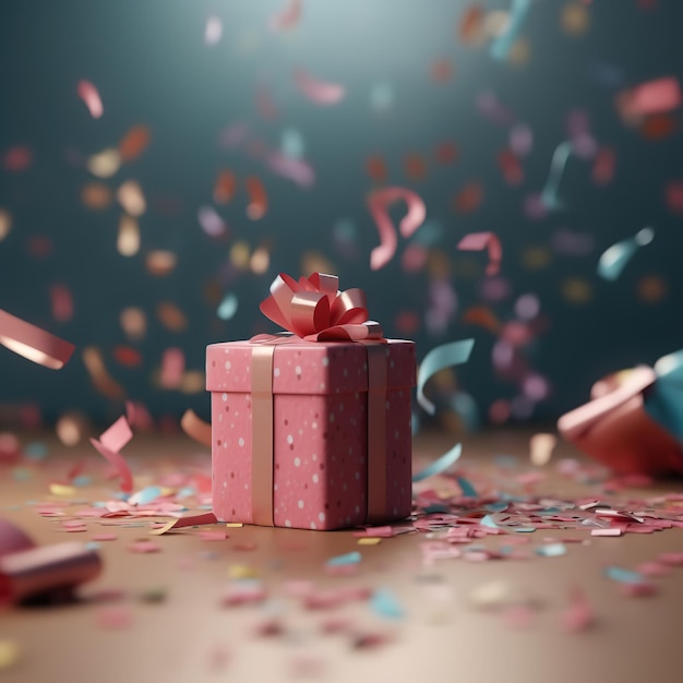 A pink gift box with a red ribbon bow sits on a table surrounded by confetti.