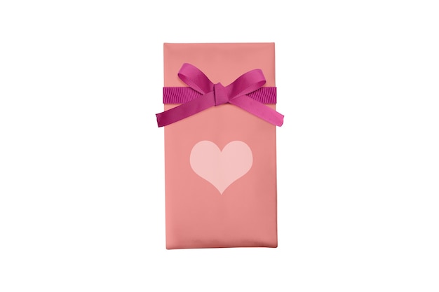 Pink gift box with red ribbon and heart isolated over white background