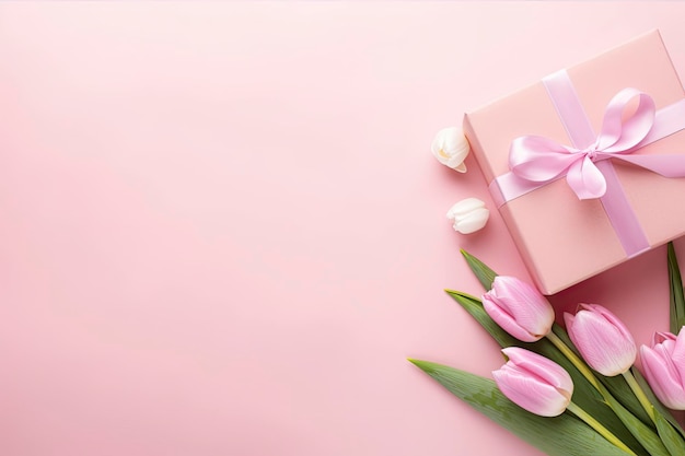 Pink gift box with ribbon bow and bouquet of tulips on isolated pastel pink background