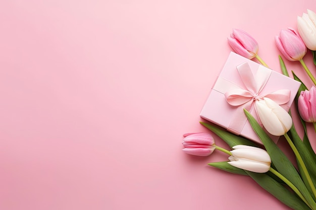 Pink gift box with ribbon bow and bouquet of tulips on isolated pastel pink background