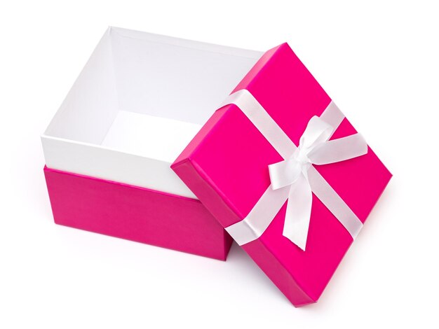 Pink gift box with ribbon bow Holiday present Isolated on white background