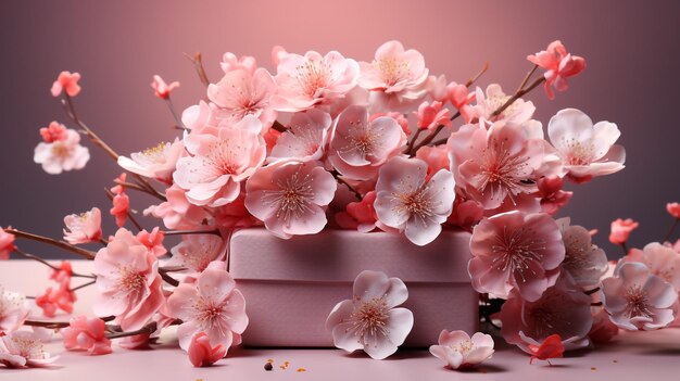 pink gift box with various flowers on grey background