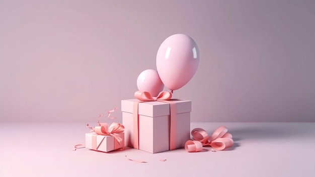 Розовые подарочные коробки и воздушные шары на розовом фоне генеративный ай