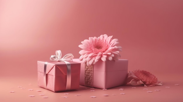 Pink gift boxes with flowers on a pink background