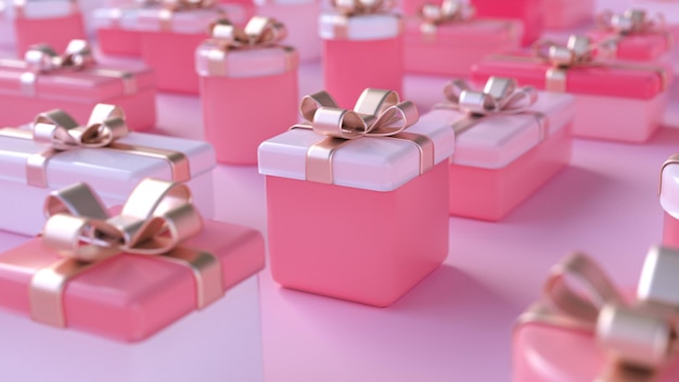 Pink gift boxes with gold ribbon bows 3d render