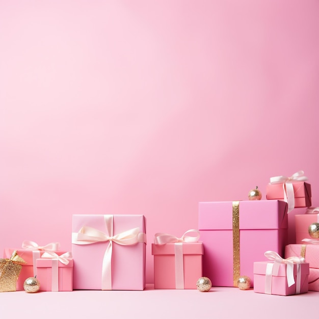 Pink gift boxes with golden christmas balls and ribbons on pink background