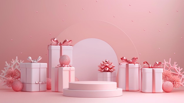 Photo pink gift boxes with a pink podium display template