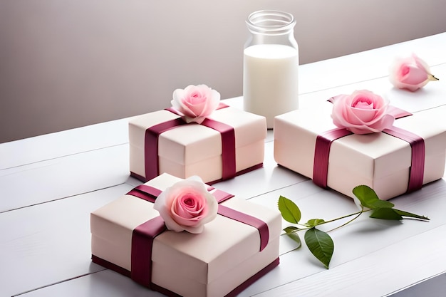 Pink gift boxes with a pink rose on top of them, next to a glass of milk.