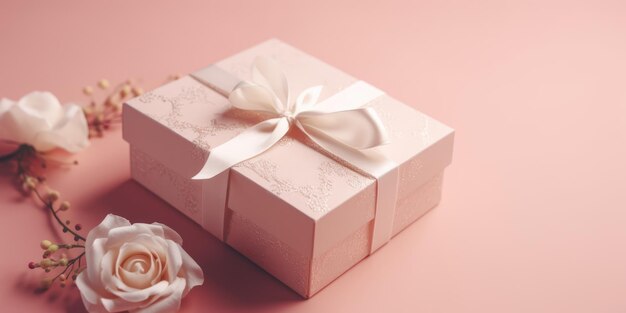 Photo pink gift present box ans rose flower on a soft pink background birthday gift box for girl and woman