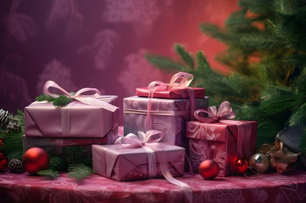 Pink gifts with treasures red baubles and pine branchesChristmas banner with space for your own content