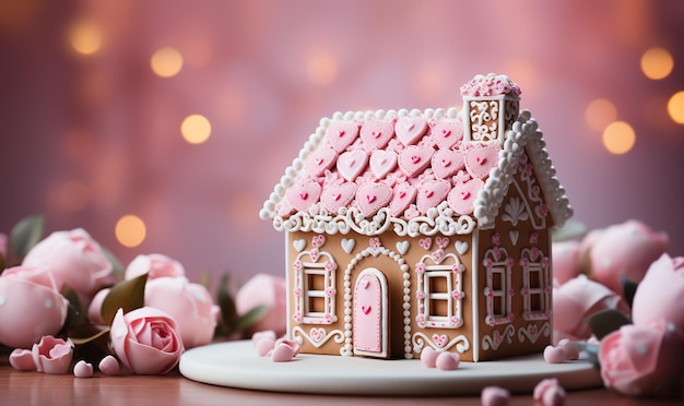 Pink Gingerbread house on pastel pink background Festive traditional gingerbread with Christmas
