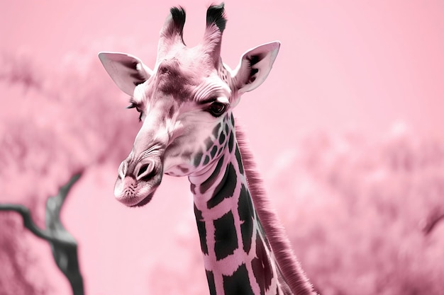 Pink giraffe in safari landscape