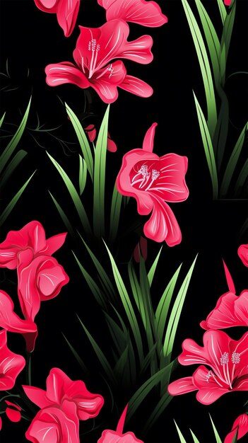 Pink gladiolus on black background pattern generated by AI