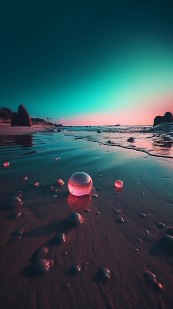 A pink glass ball on the beach with a blue sky in the background.