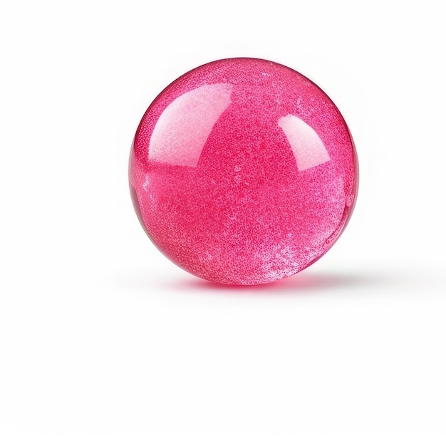 A pink glass ball with a reflection of the pink glitter.